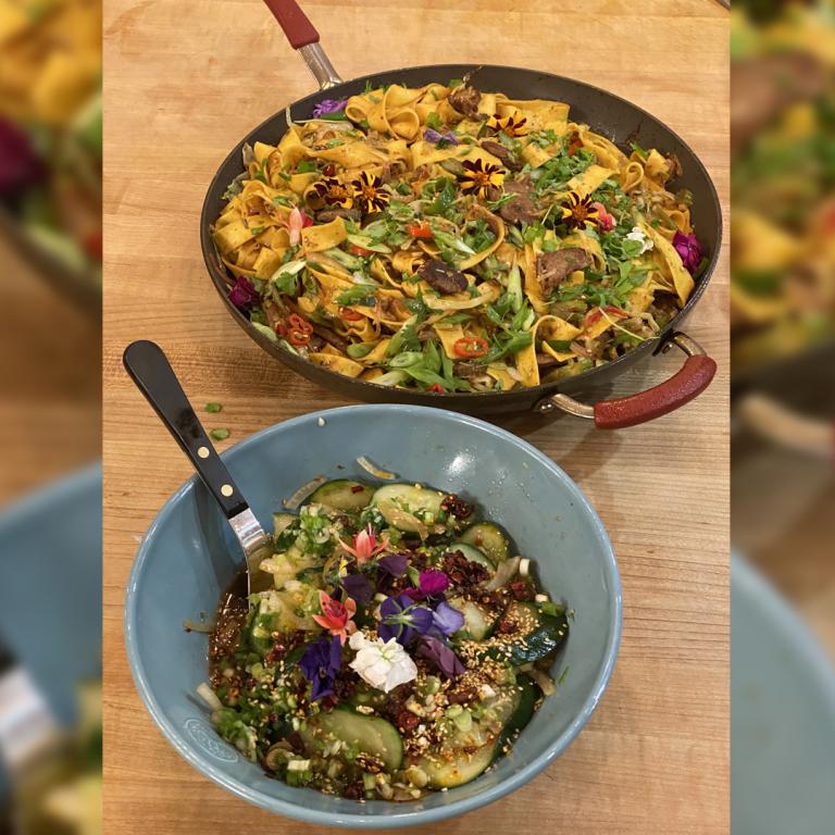 Spicy Cumin Lamb, Beef or Pork with Wide Noodles + Crushed Cucumber Salad