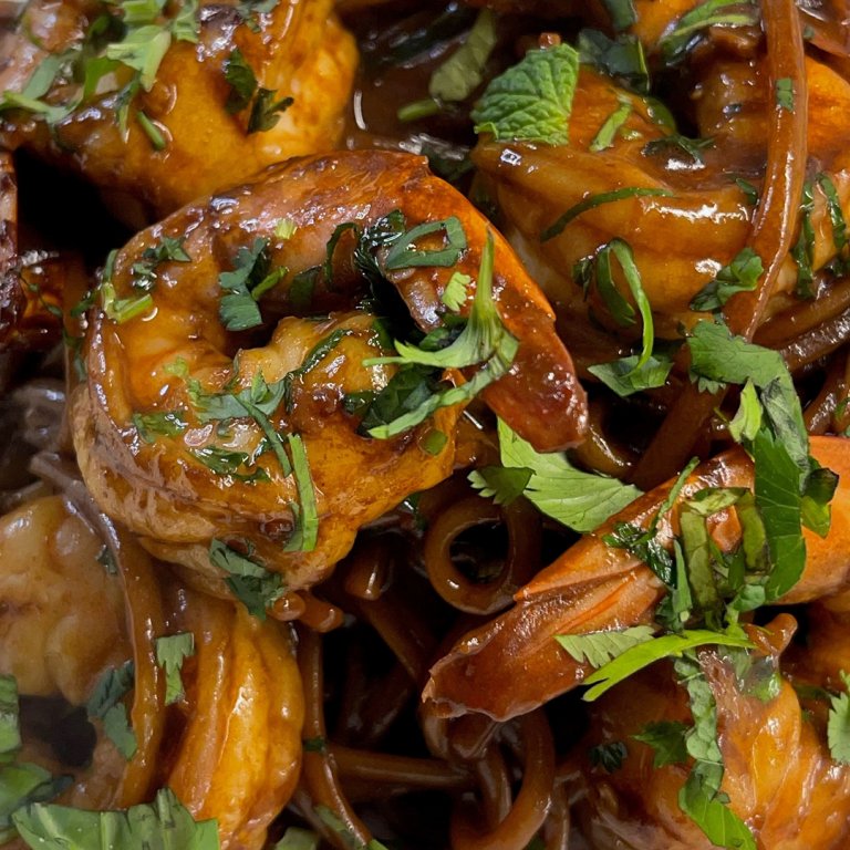 Spicy Thai Peanut Noodles with Sambal Shrimp
