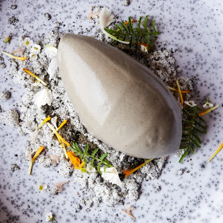 Charred Eggplant Ice Cream with Black Sesame Powder