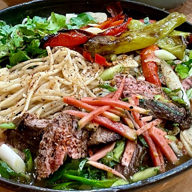 Miso & Smoked Soy Sauce Ramen with Sliced Steak & Peppers, Japanese-Style Tomato Salad + Zucchini Salad