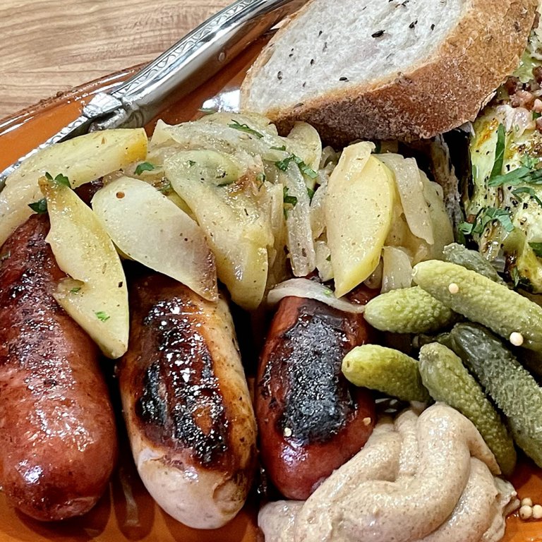 Sausages with Apples and Onions & Charred, Spiced Cabbage Wedges