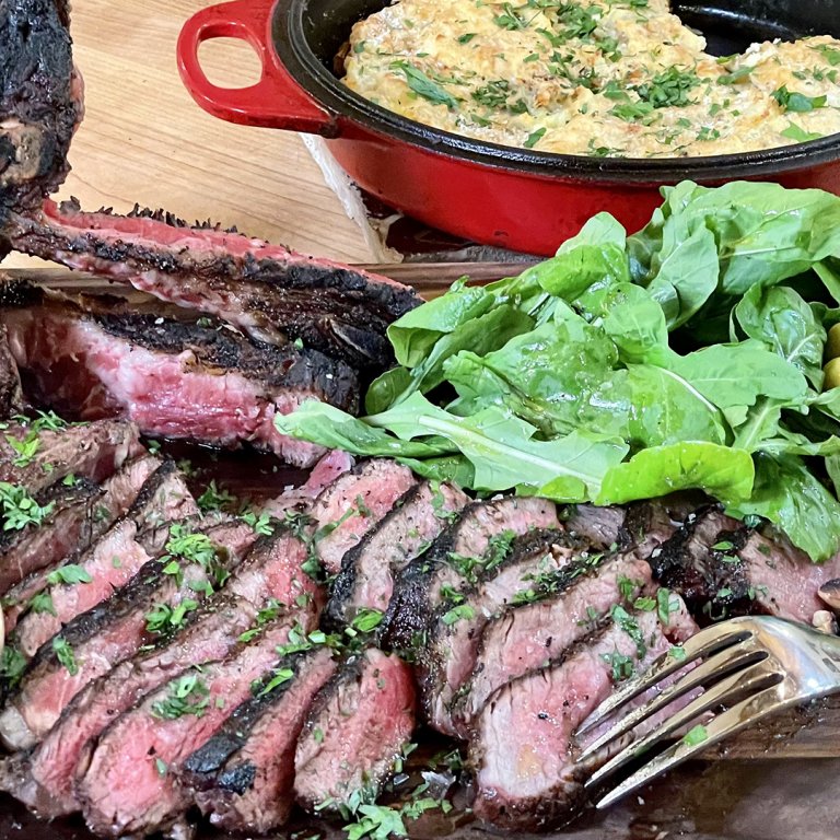 Bistecca (Porterhouse) with Walnut Salsa Verde and Crispy Potato Skillet Pie