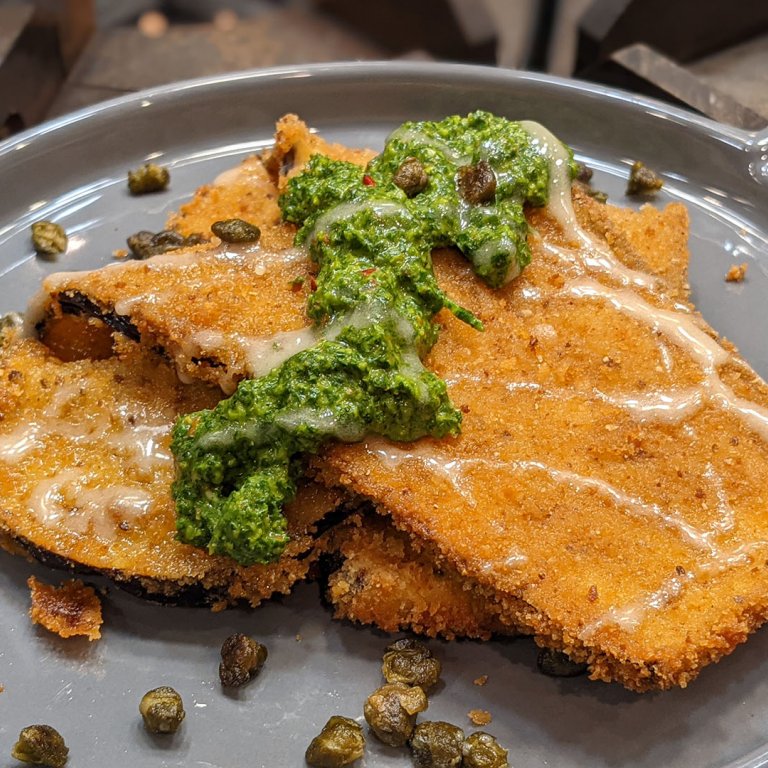 Eggplant Schnitzel with Whipped Honey & Spicy Green Herb Sauce