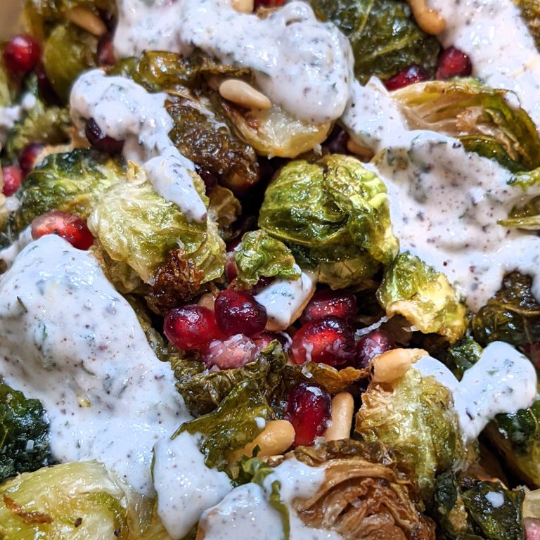 Crispy Fried Brussels Sprouts with Yogurt, Pomegranate and Pine Nuts