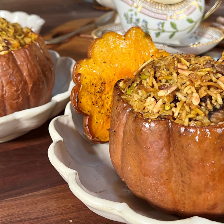 Stuffed Pumpkin with Spiced Fruit and Nut Rice