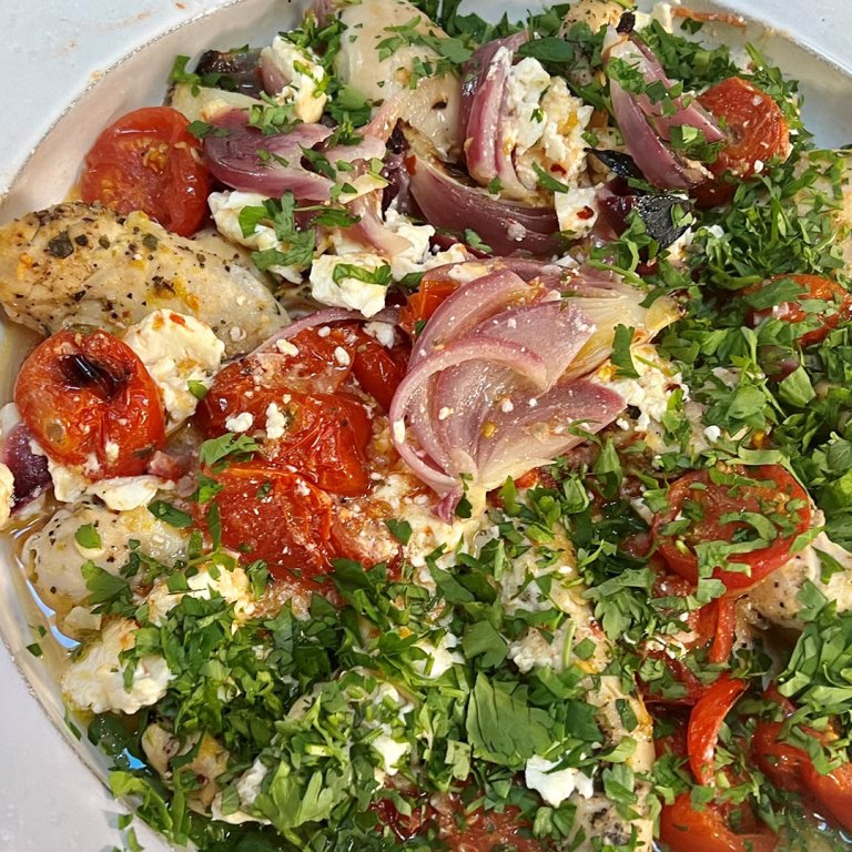 Feta and Tomato Shrimp or Chicken Tenders Sheet Pan Bake