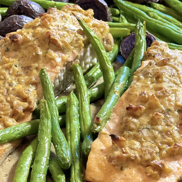 Sheet Pan Salmon With Dijon-Walnut Crust + Purple Potatoes & String Beans