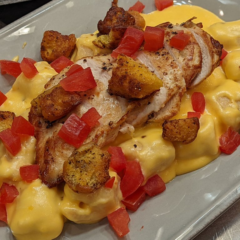 Tomato Gnocchi with Cheese Sauce, Chicken and Mustard Croutons      
