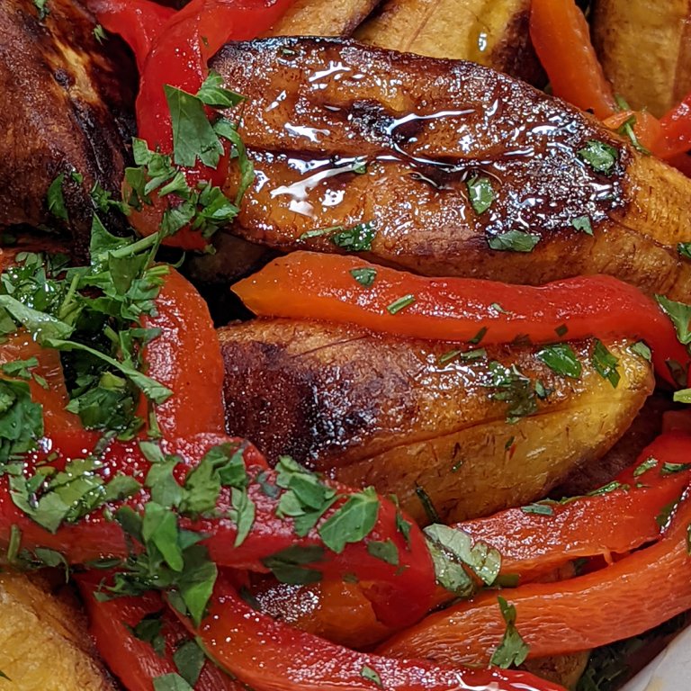 Fried Sweet Plantains with Hot Honey and Fire-Roasted Bell Peppers      