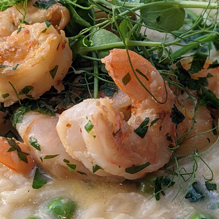 Lemon Risotto with Peas and Pea Tendrils and Scampi