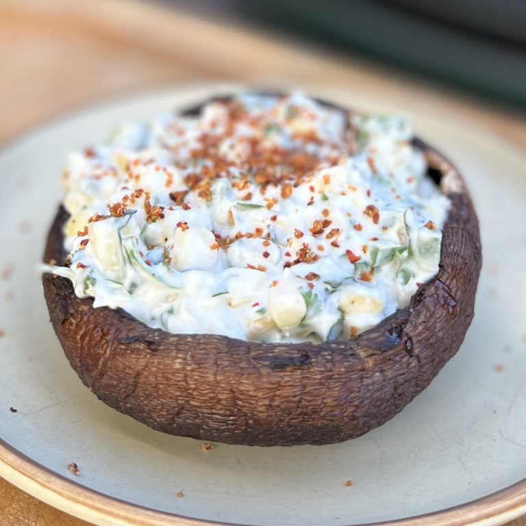 Creamy Grilled Corn Salad Served in Grilled Portobello Caps