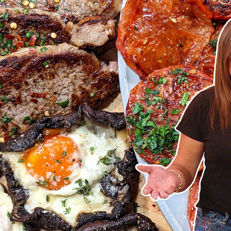 Egg-Stuffed Portobello Mushrooms, Steak and Broiled Tomatoes with Oil + Vinegar | Rachael Ray