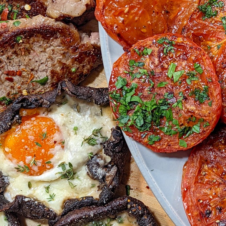 Egg-Stuffed Portobello Mushrooms, Steak and Broiled Tomatoes with Oil + Vinegar