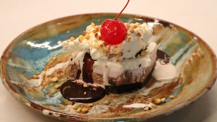 Neapolitan Ice Cream Cake with Hot Fudge Sauce 