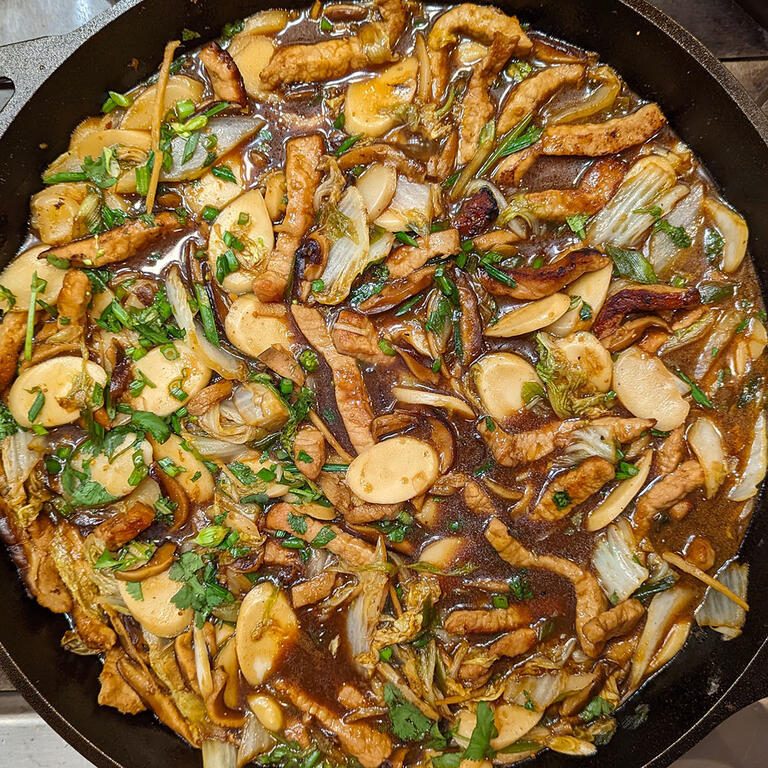Stir-Fried Rice Cakes with Pork and Napa