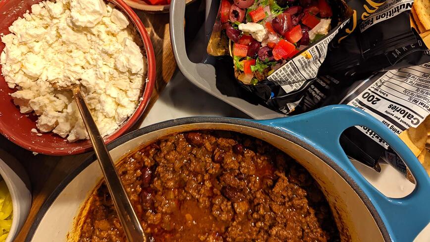 Greek-Style Chili with Pita Chips