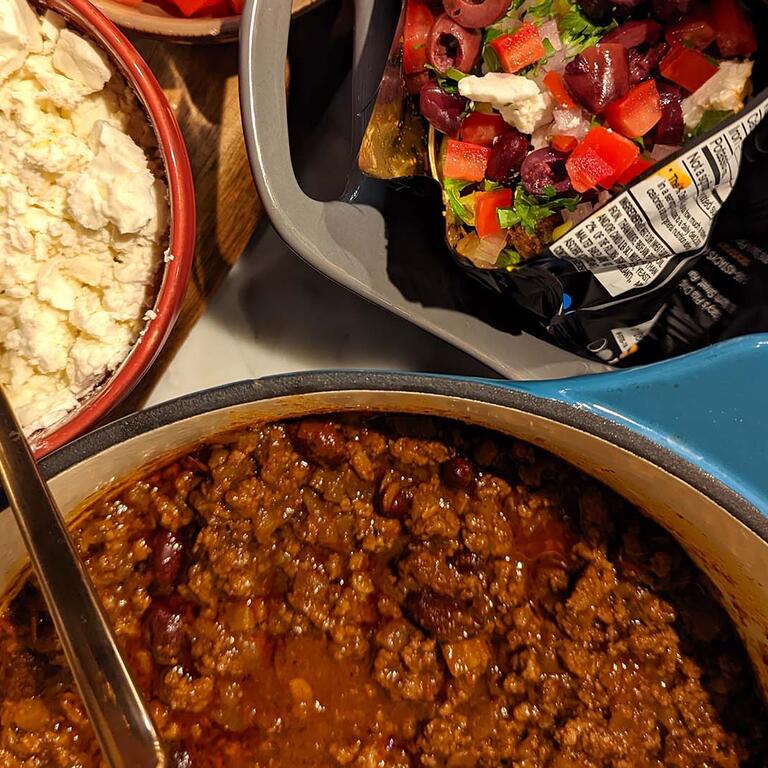 Greek-Style Chili with Pita Chips