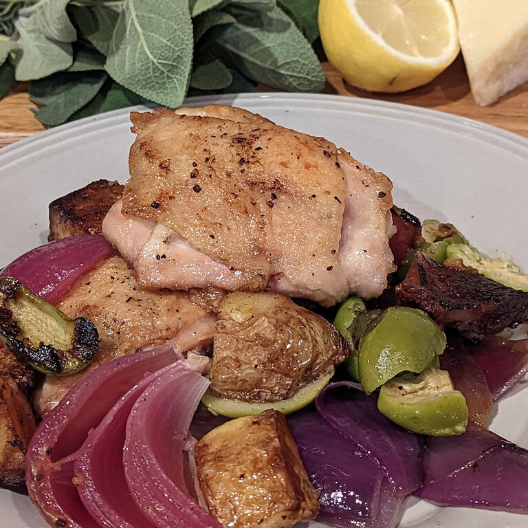 Skillet Chicken Thighs with Cerignola Olives and Potatoes