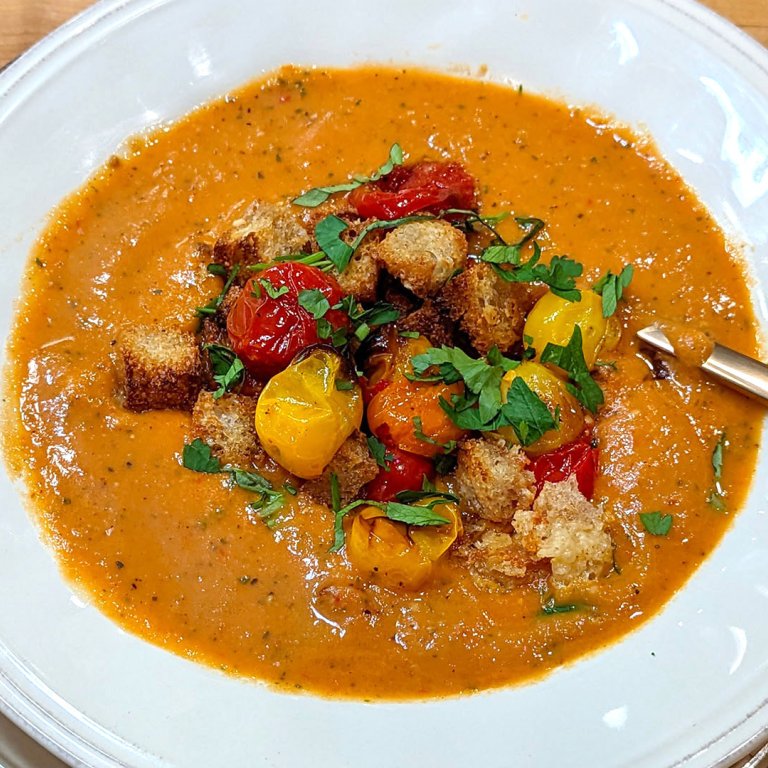 Roasted Cherry Tomato Soup and Bacon Croutons