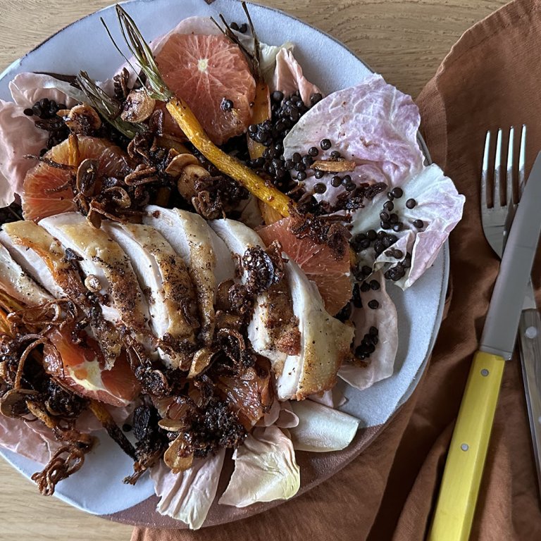 Lentil Salad with Carrots, Roast Chicken + Crunchy Chili Topping