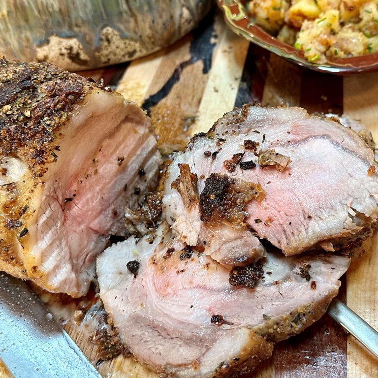 Garlic & Herb Roast Pork Loin, Southern Fried Potatoes + Warm Slaw with Apples & Onions