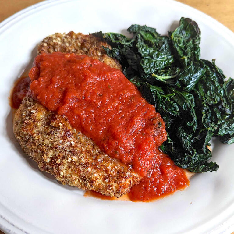 Healthy Air Fryer Chicken Parm with a Crunchy Quinoa Crust