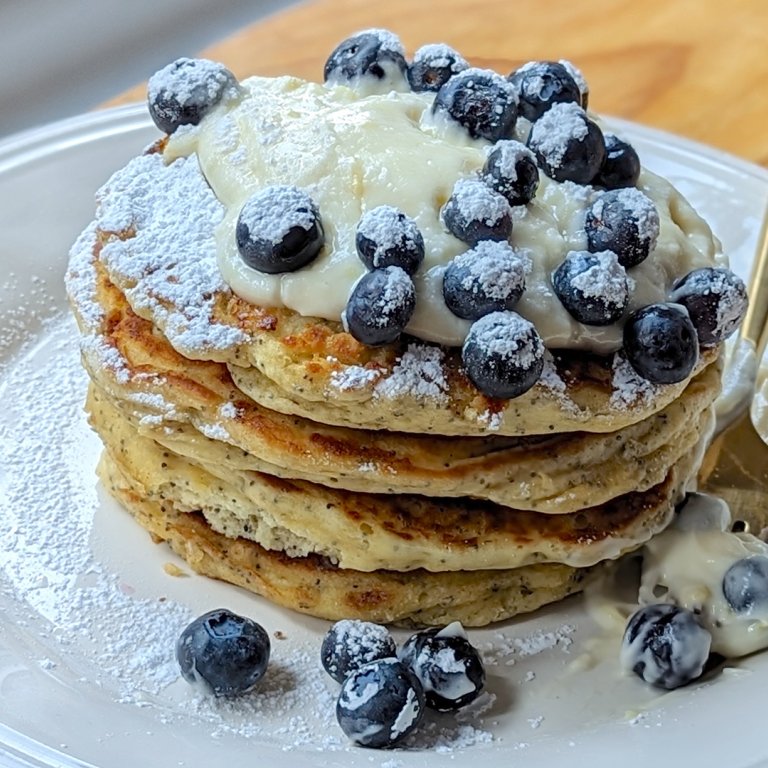Lemon Poppy Seed Pancakes with Whipped Cream Cheese