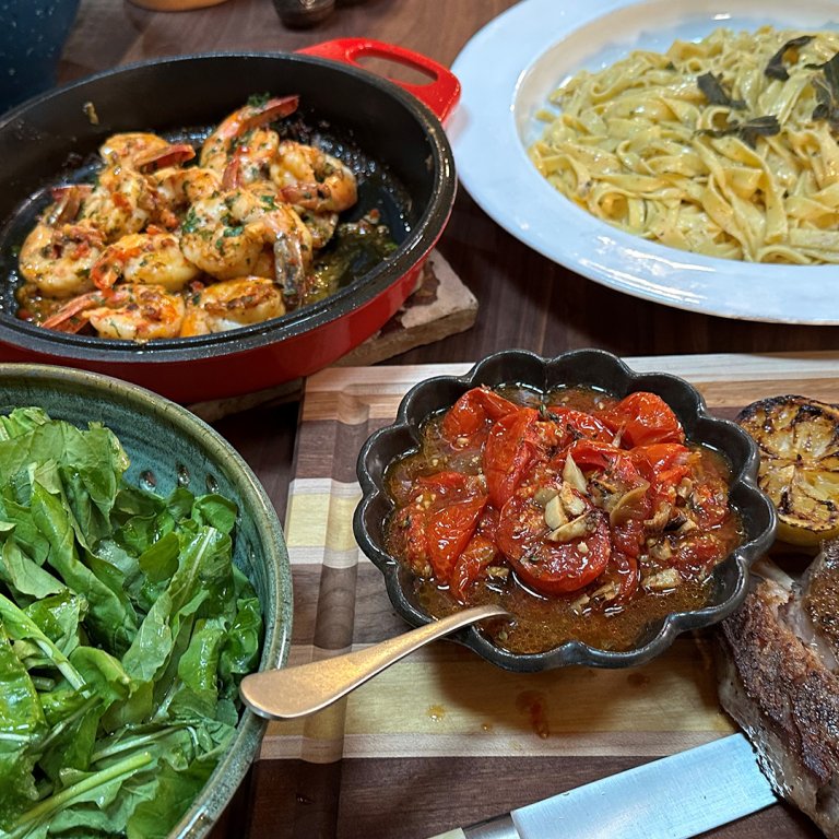 Rach's Valentine's Day Meal: Shrimp Fra Diavolo, Brown Butter Tagliatelle + Ribeye Steaks with Balsamic Tomatoes
