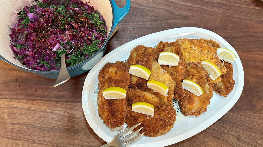 Chicken Schnitzel with Sweet & Sour Red Cabbage + Chili Crisp