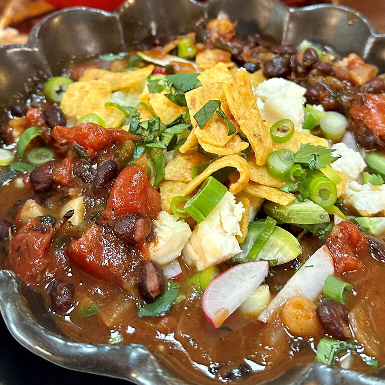 Poblano and Black Bean Chili with Hominy