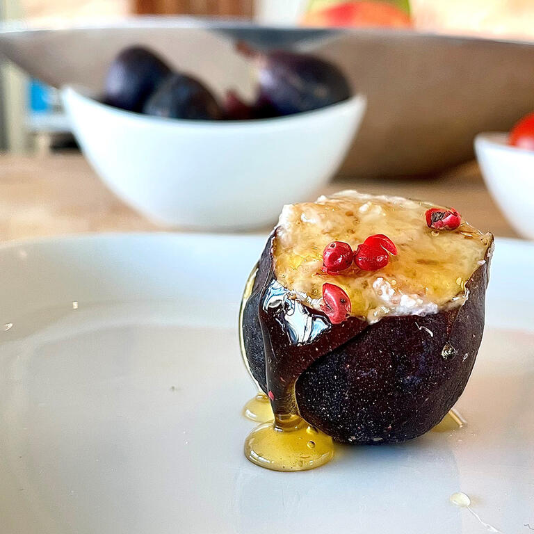 Figs with Goat Cheese and Pink Peppercorn Honey