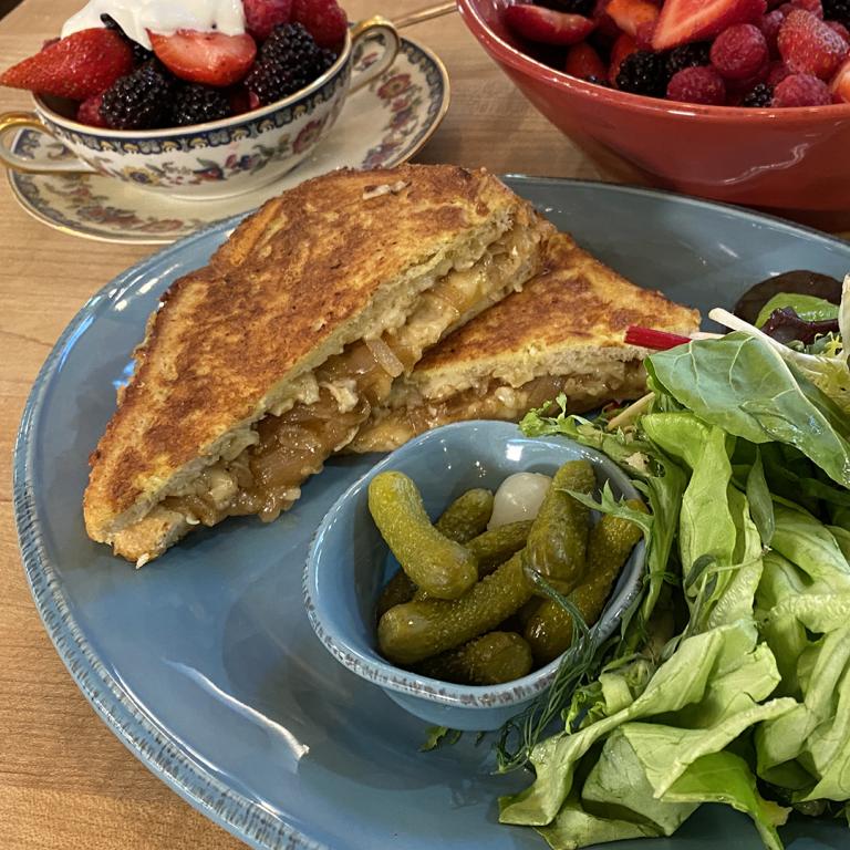 French Onion Monte Cristo with Spring Greens Salad
