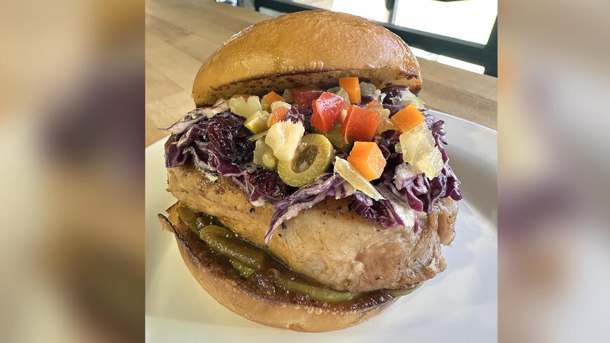 Apple-Cider Braised Pork Chop Sandwiches with Onion & Apple Jam + Red Slaw