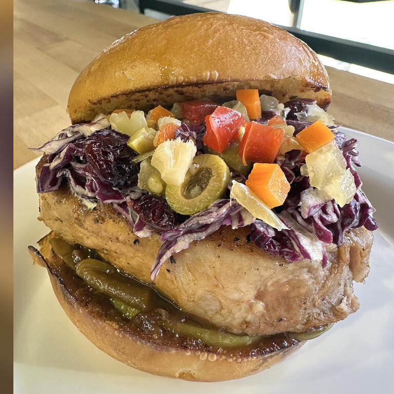 Apple-Cider Braised Pork Chop Sandwiches with Onion & Apple Jam + Red Slaw