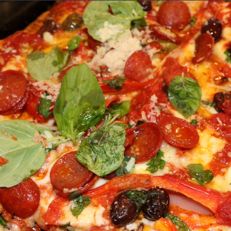 Sheet Pan Pizza with Pepperoni, Olives and Peppers